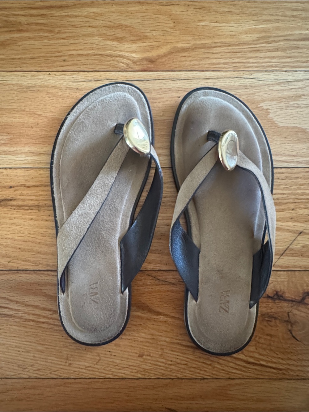 Zara Taupe and Black Thong Sandals with Gold Accent